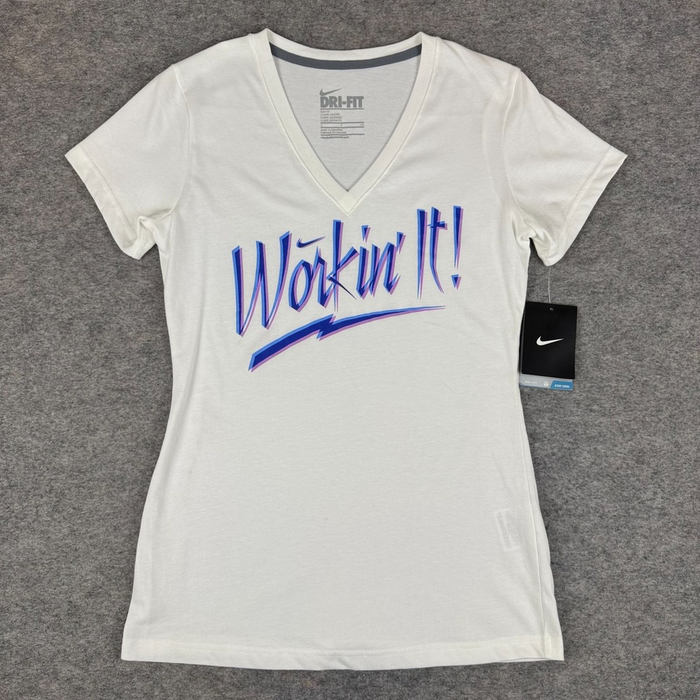 Nike Dri Fit V-Neck Graphic Training Tee Slim Workin' It White Womens Small S